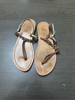 Nana positian made italy Brown Leather T-Strap Women's Sandals size38